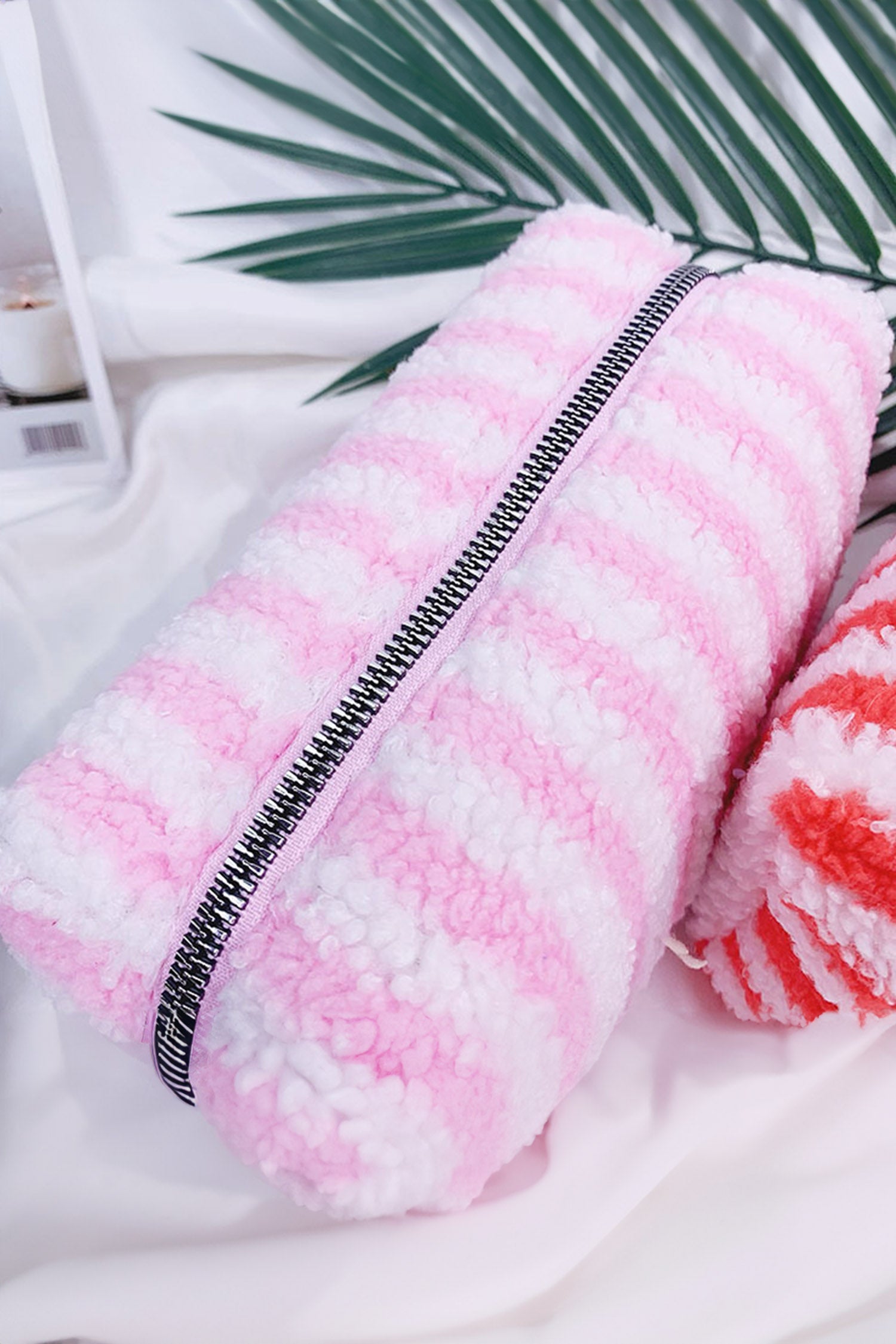 Pink Plush Striped Microfiber Cosmetic Bag with Key Charm Zipper Closure