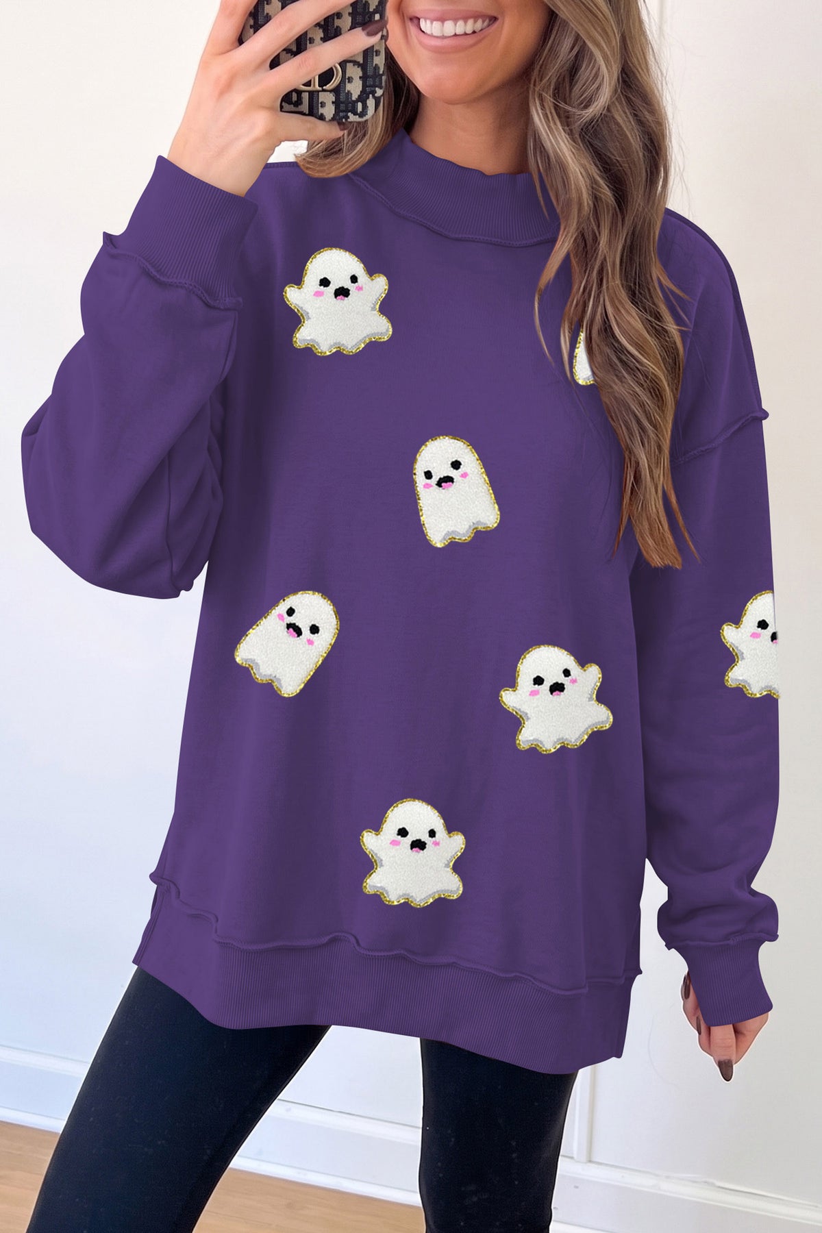 Tillandsia Purple Halloween Ghost Mock Neck Tunic Pullover Sweatshirt