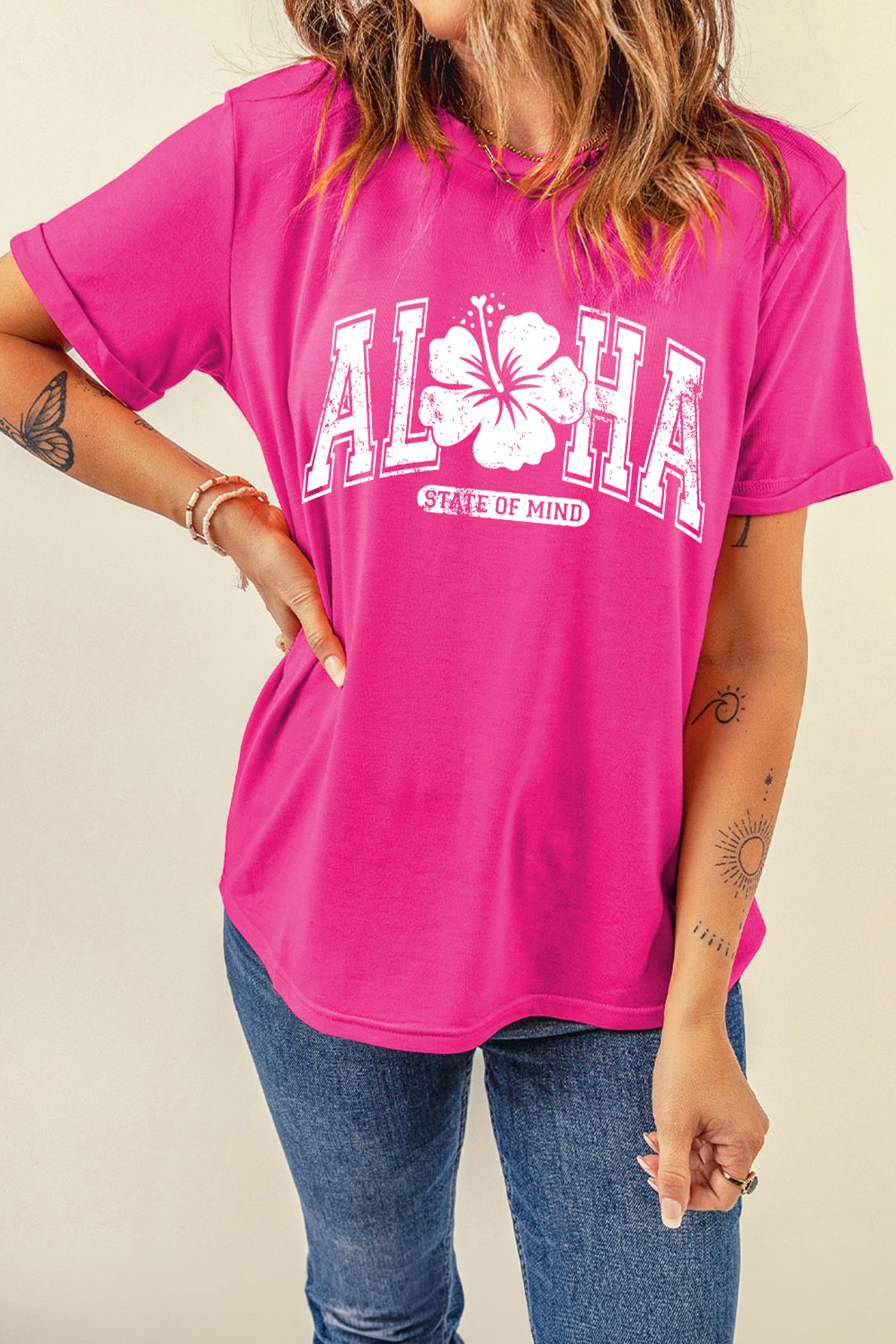 Rose Red ALOHA STATE OF MIND Flower Printed Tee