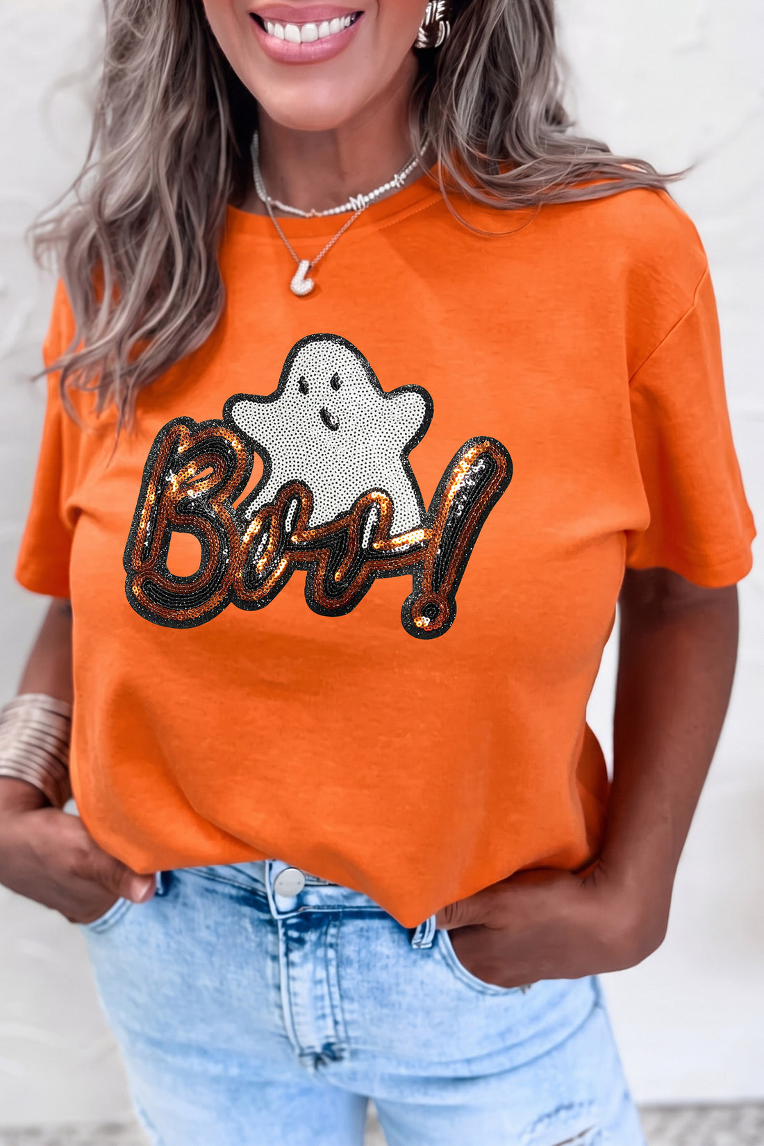 Orange Sequin Ghost Halloween Graphic T-Shirt