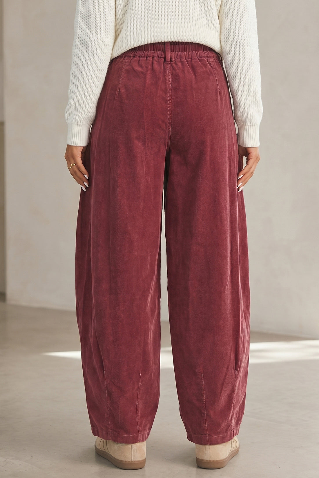 Racing Red Elastic Waist Drawstring Corduroy Casual Pants