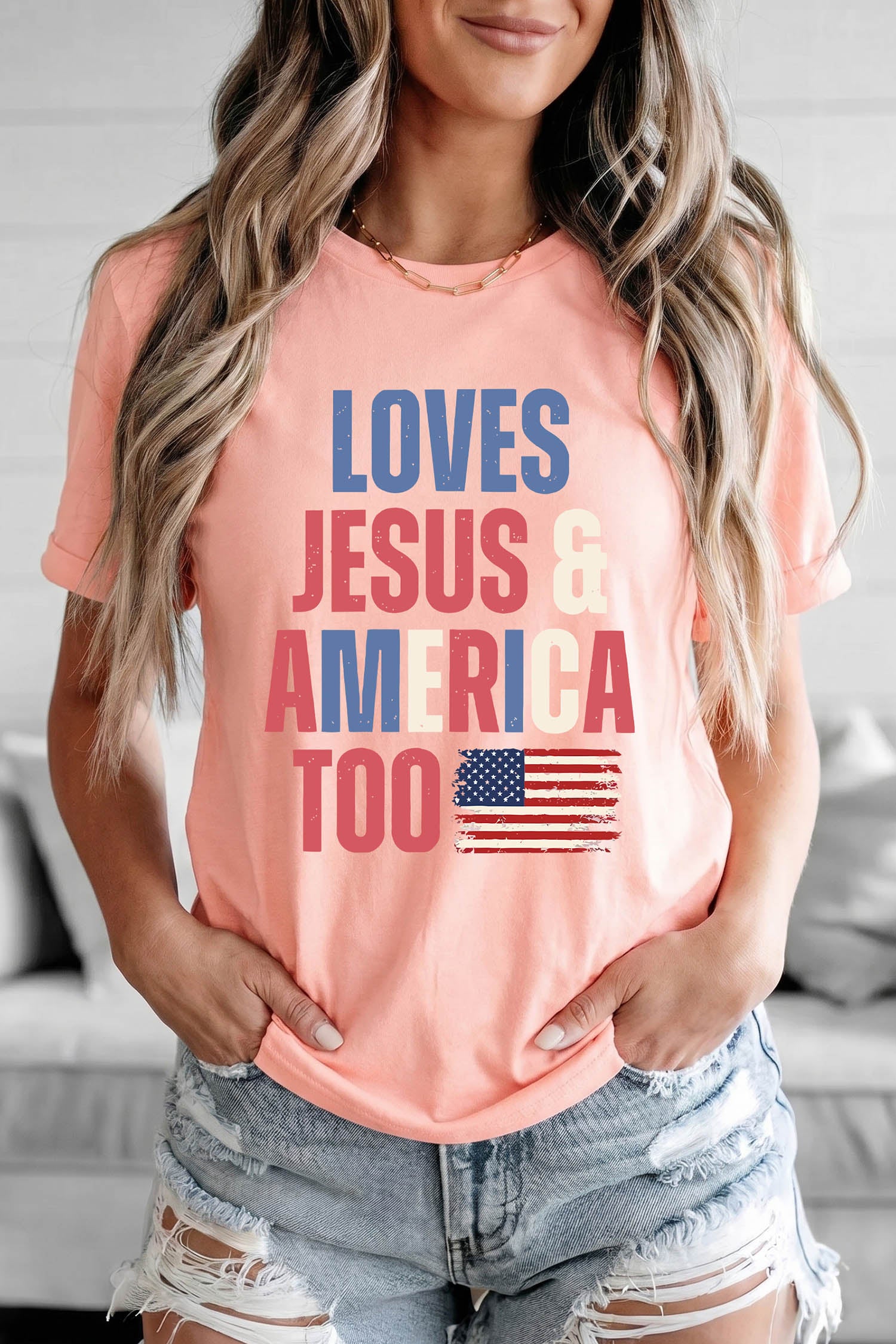 Pink LOVES JESUS & AMERICA TOO Patriotic Flag Graphic Tee