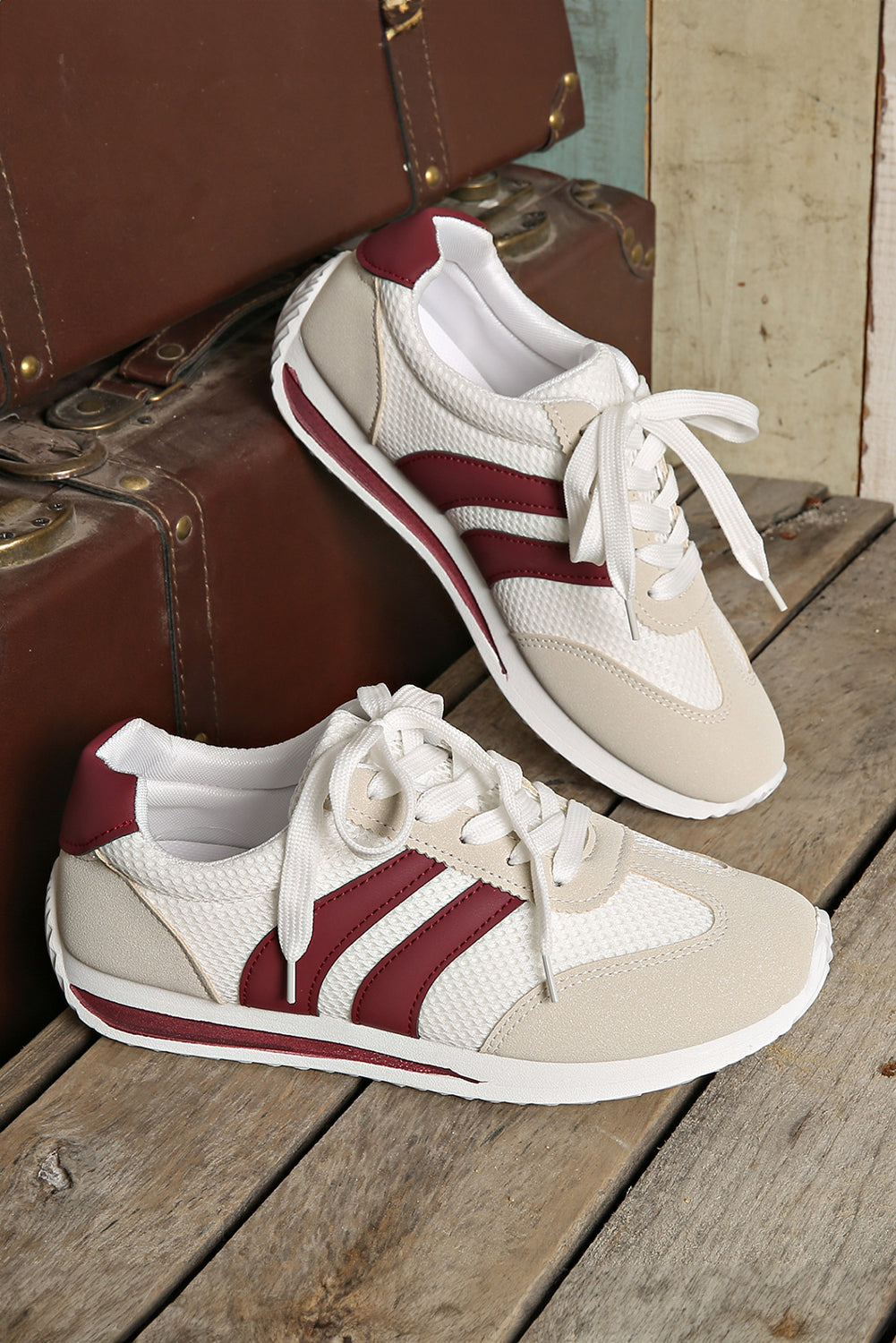 White Color Block Patchwork Breathable Lace-up Sneakers