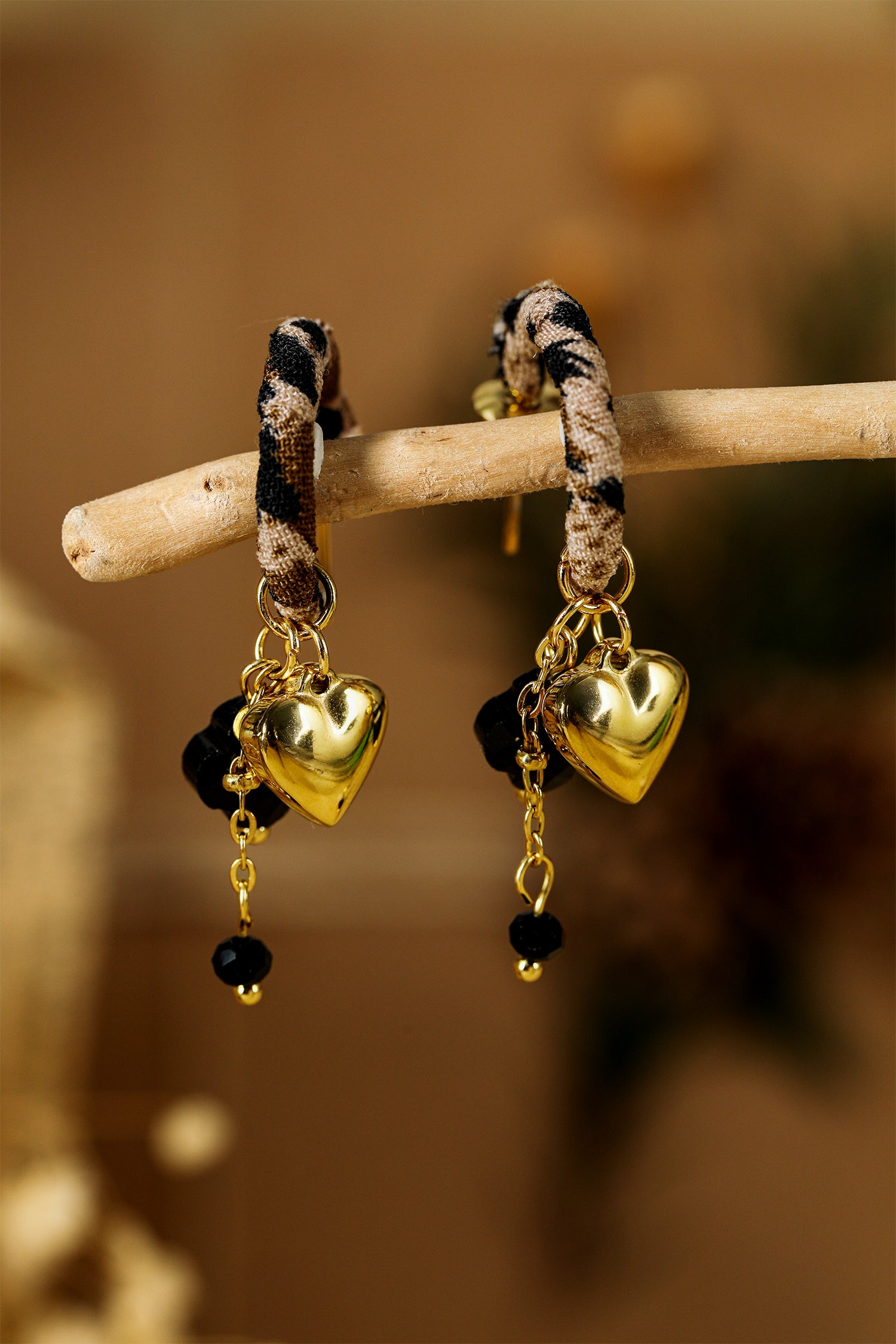 Gold Puffy Heart Leopard Wrapped Open Loop Earrings