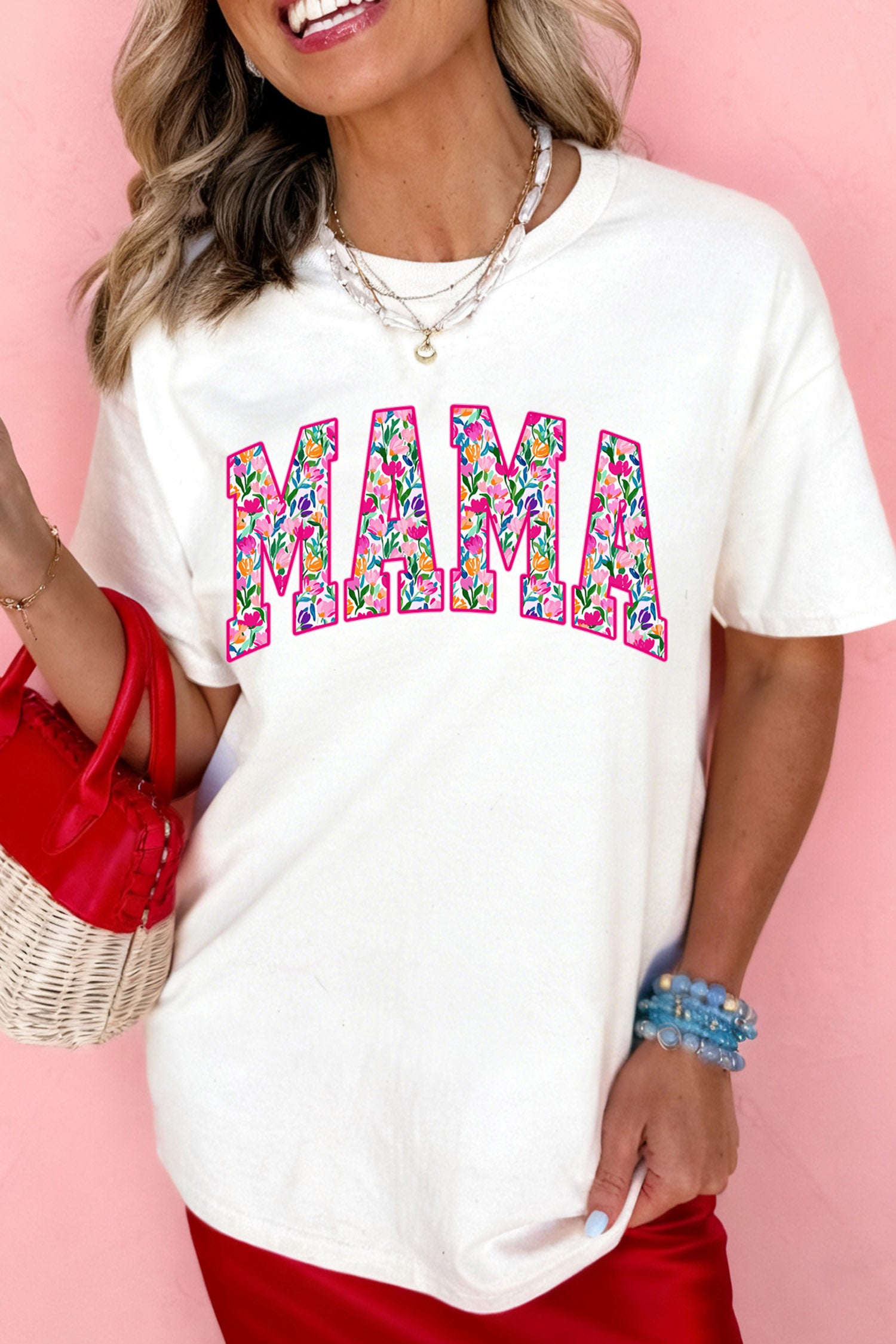 White Floral MAMA Lettering Printed Tee