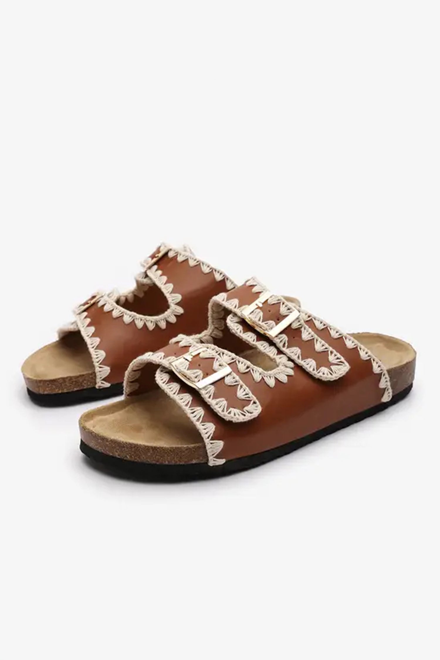 Coffee PU Leather Contrast Stitch Flat Sliders