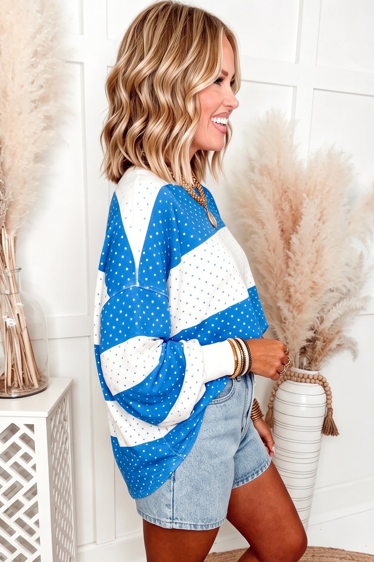 Blue Polka Dot Patchwork Colorblock Long Sleeve Top