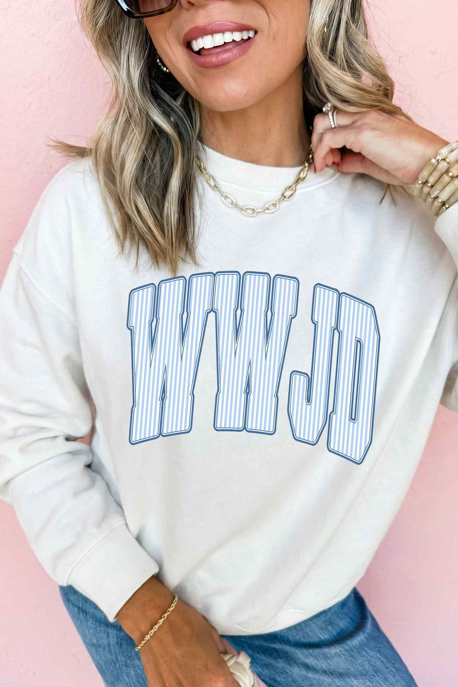 White WWJD Letter Print Crew Neck Sweatshirt