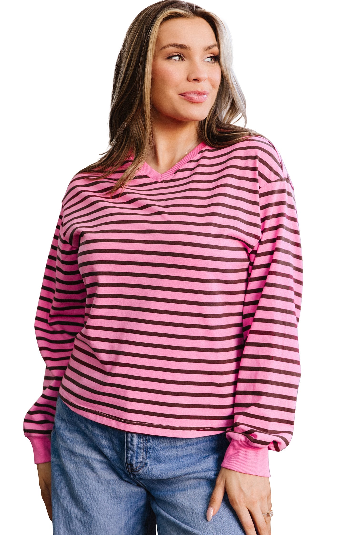 Pink Stripe V Neck Drop Shoulder Long Sleeve Top