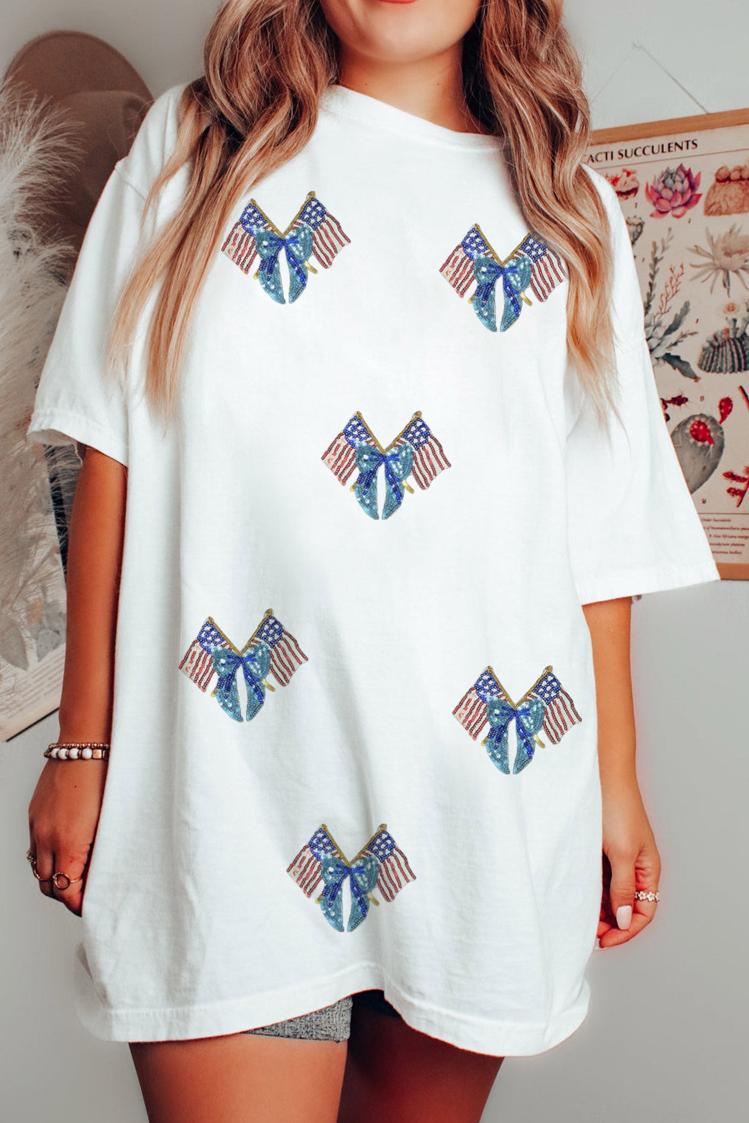 White Patriotic Sequin Bow Flag Cotton Tunic Shift Tee