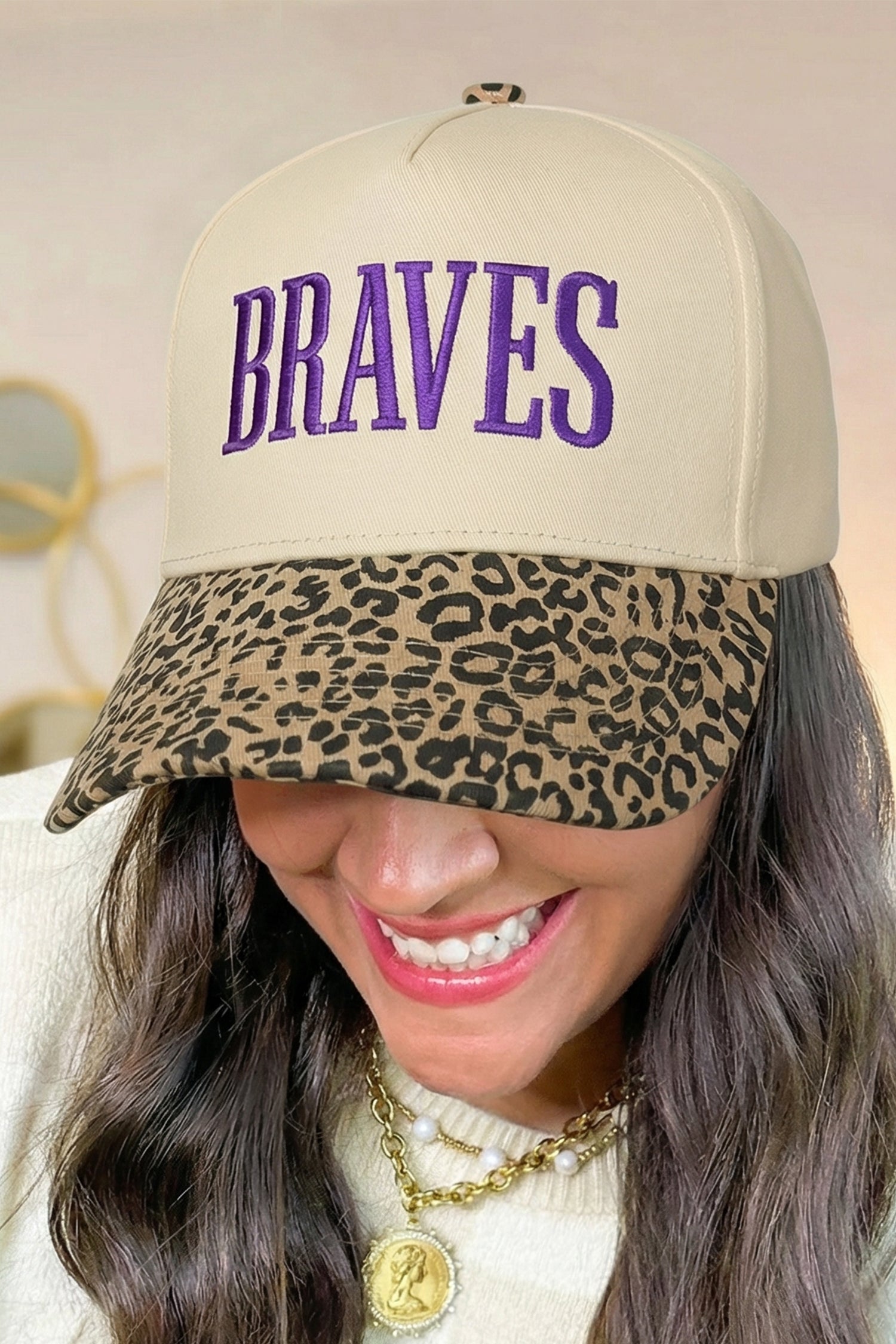 Parchment Leopard Contrast Brim BRAVES Embroidered Cap