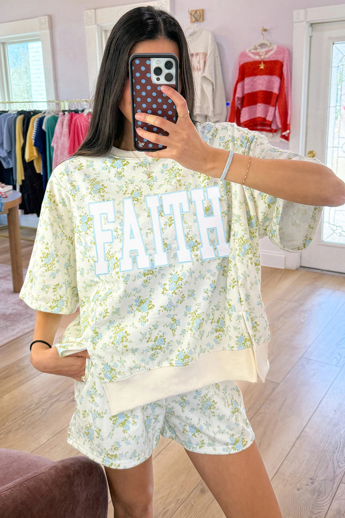 Sky Blue Floral Print FAITH Graphic Short Sleeve Top Loose Short Set