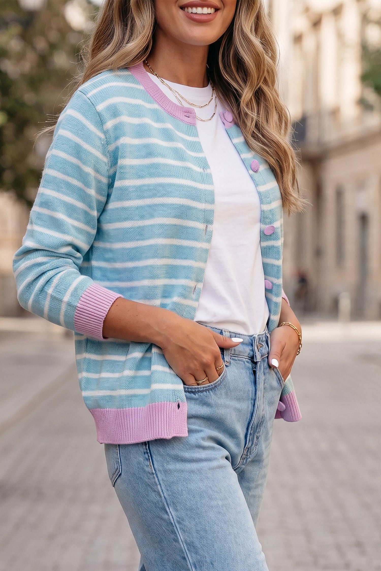 Sky Blue Stripe Striped Long Sleeve Round Neck Open Front Cardigan