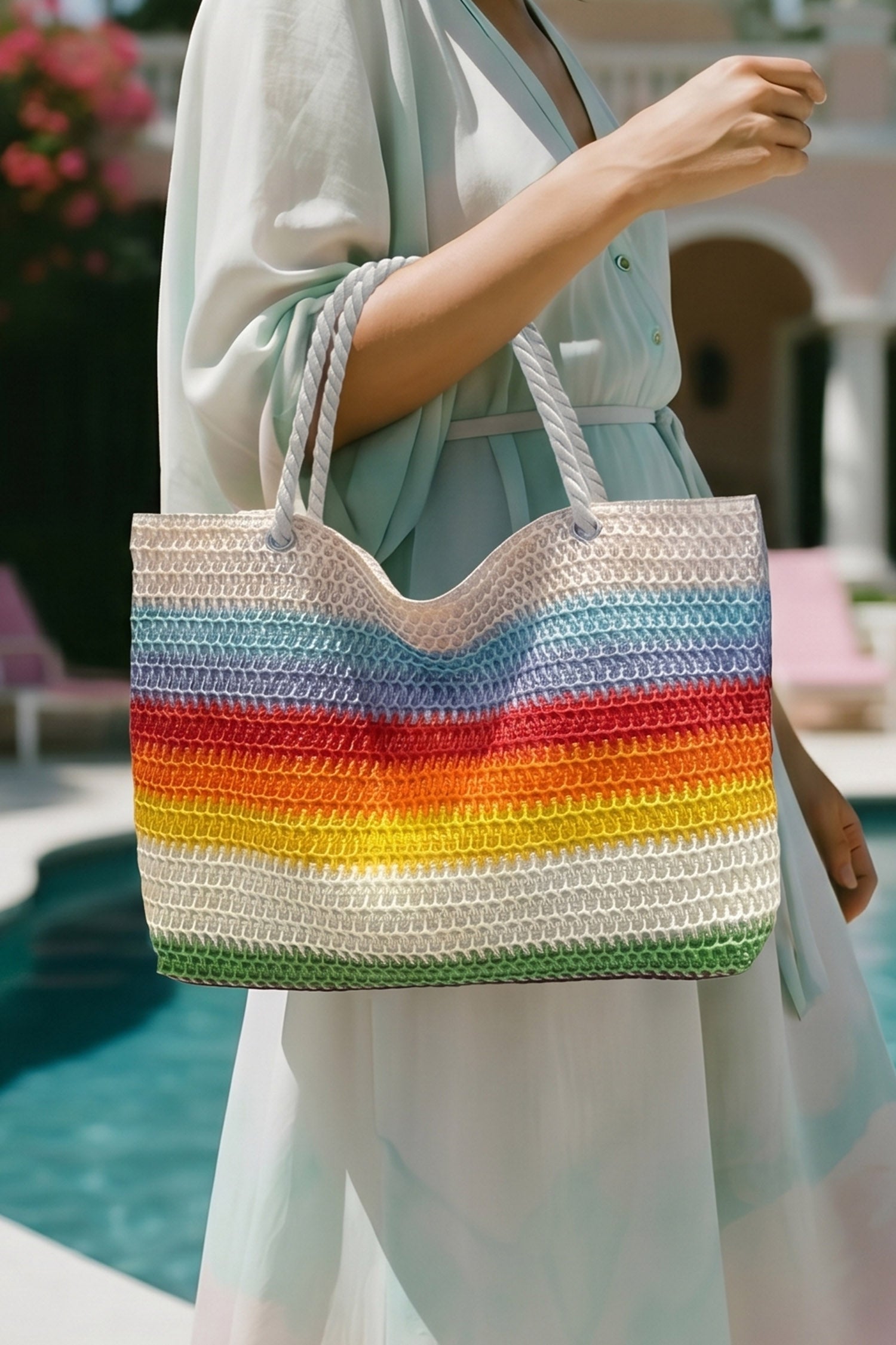 White Rainbow Straw Woven Boho Beach Tote Bag