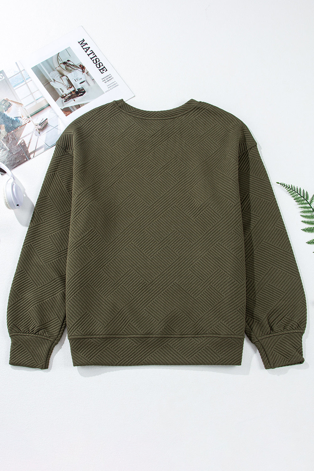 Jungle Green Solid Color Textured Round Neck Drop Shoulder Pullover Sweatshirt