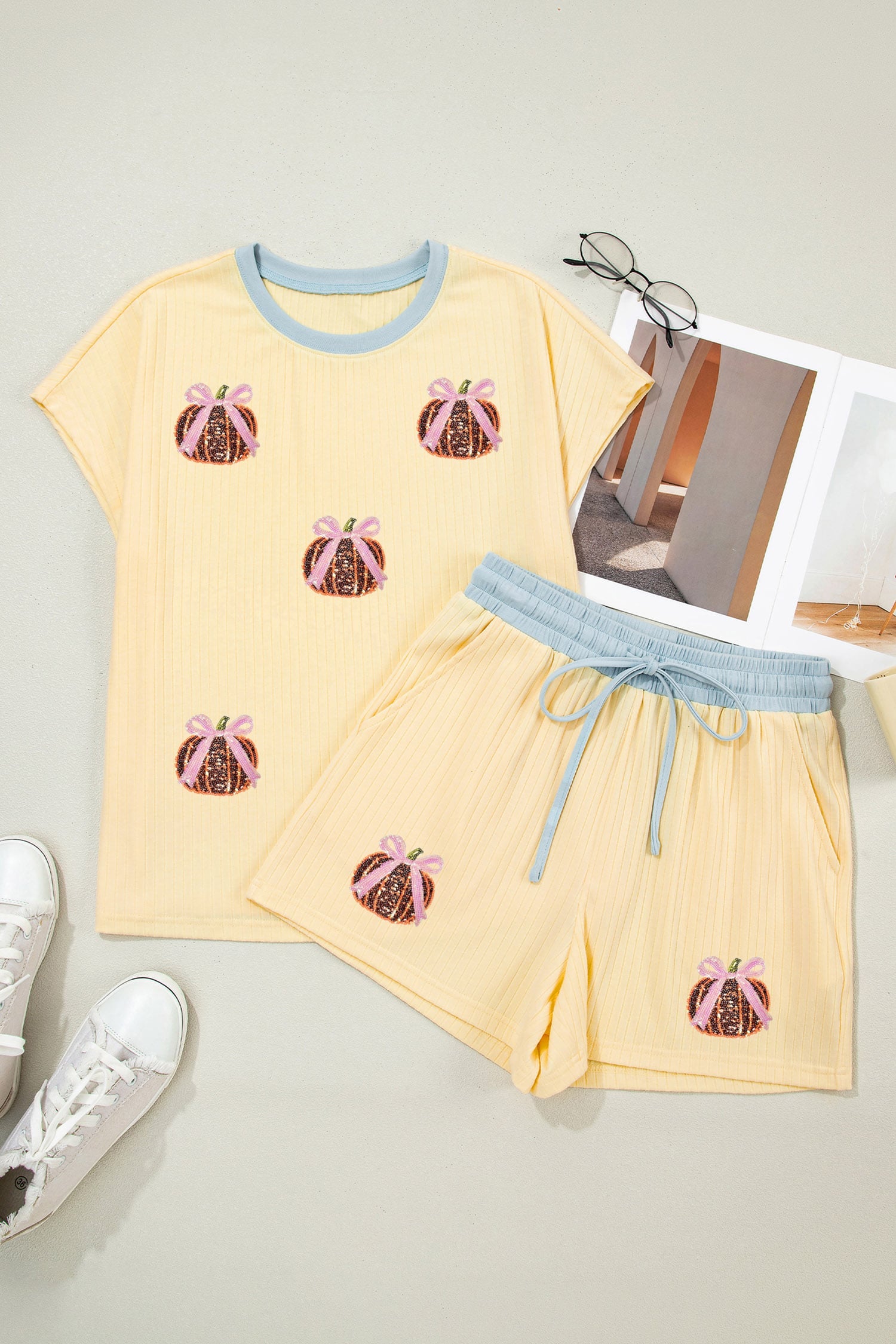 Yellow Cream Ribbed Knit Pumpkin Sequin Patch Graphic Short 2pcs Set