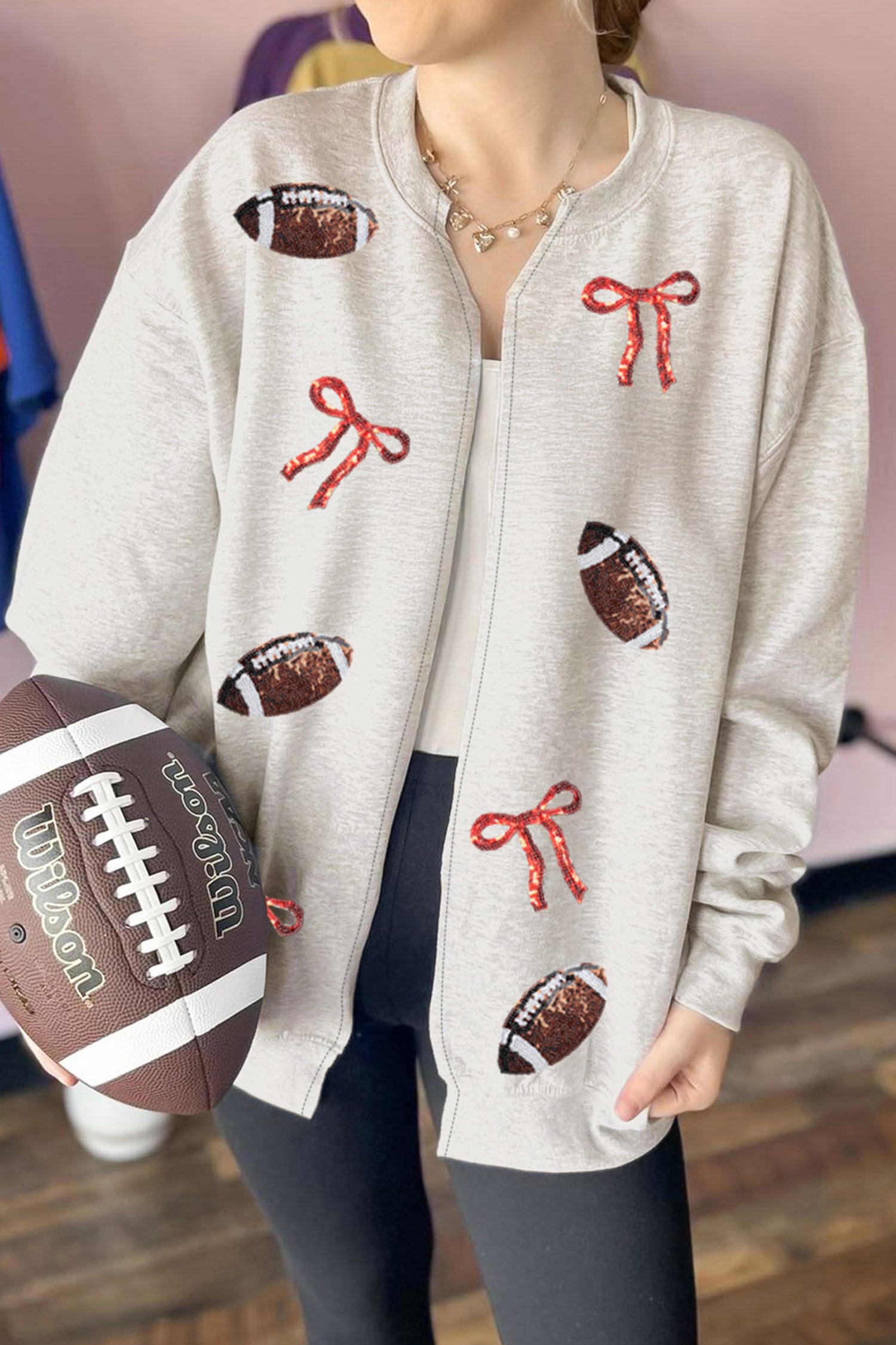 Light Grey Sequin Bow Rugby Pattern Open Hoodie without Hood