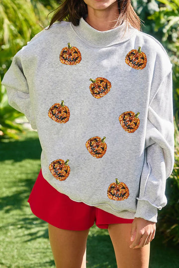 Light Grey Sequined Halloween Pumpkin Graphic Exposed Seam Mock Neck Sweatshirt