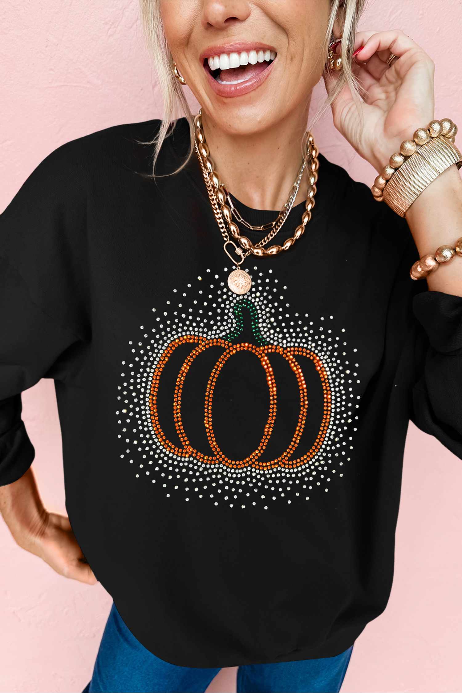 Black Rhinestone Pumpkin Graphic Pullover Sweatshirt