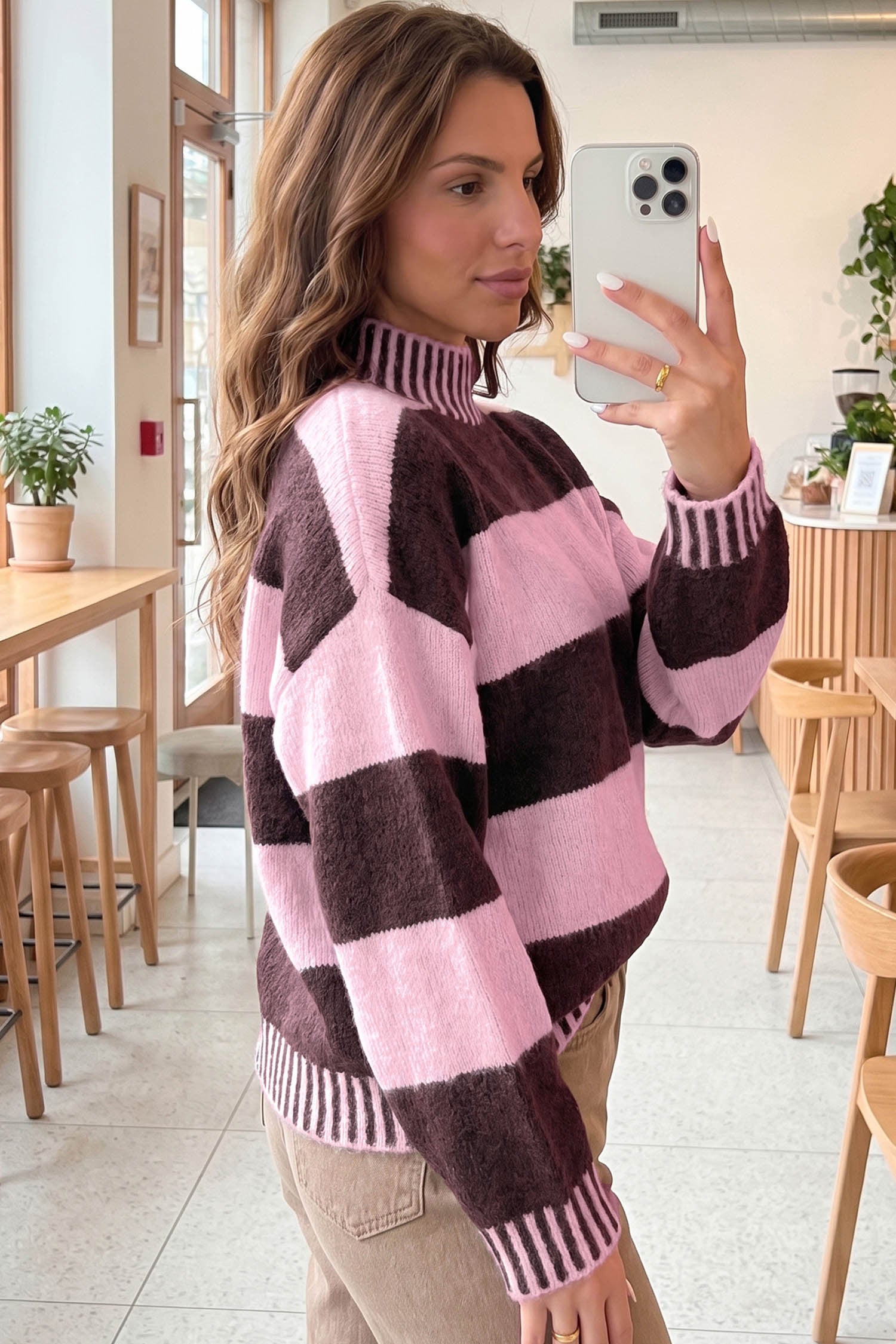 Pink Stripe Contrast High Neck Dropped Shoulder Relaxed Pullover Sweater