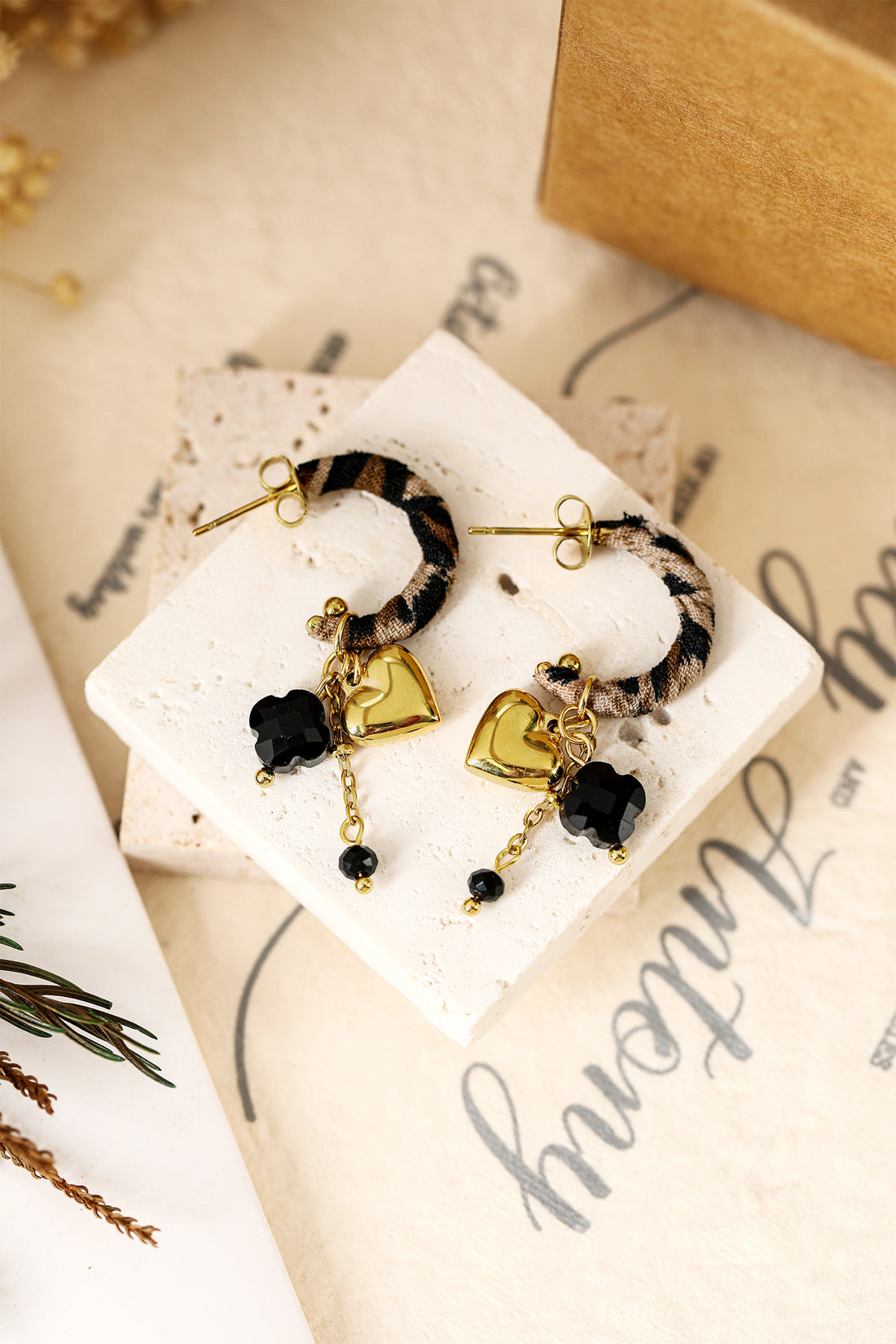 Gold Puffy Heart Leopard Wrapped Open Loop Earrings
