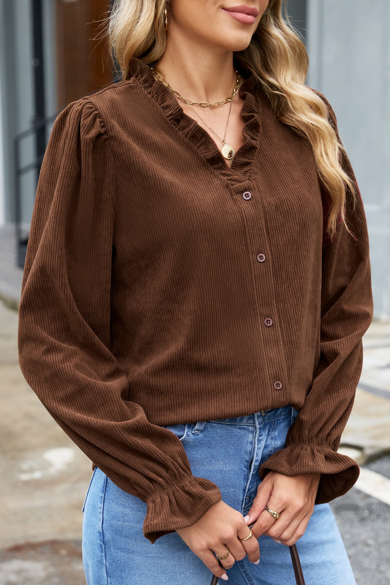 Coffee Solid Color Ruffle Trim V Neck Long Sleeve Button Corduroy Shakcet