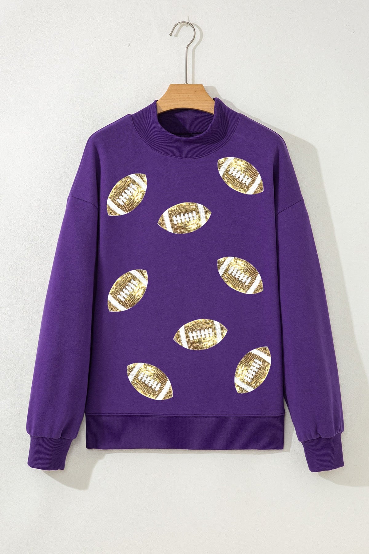 Tillandsia Purple Game Day Sequin Rugby Pattern Mock Neck Baggy Sweatshirt
