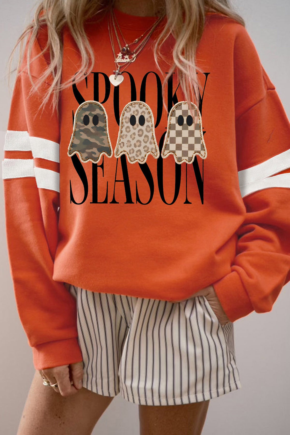 Orange Spooky Season Ghost Graphic Varsity Striped Sleeve Halloween Pullover Sweatshirt
