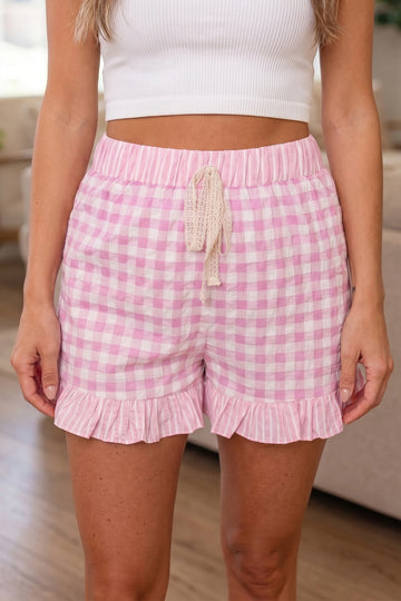 Pink Gingham Print Ruffle Striped Detail Lace Tie Shorts