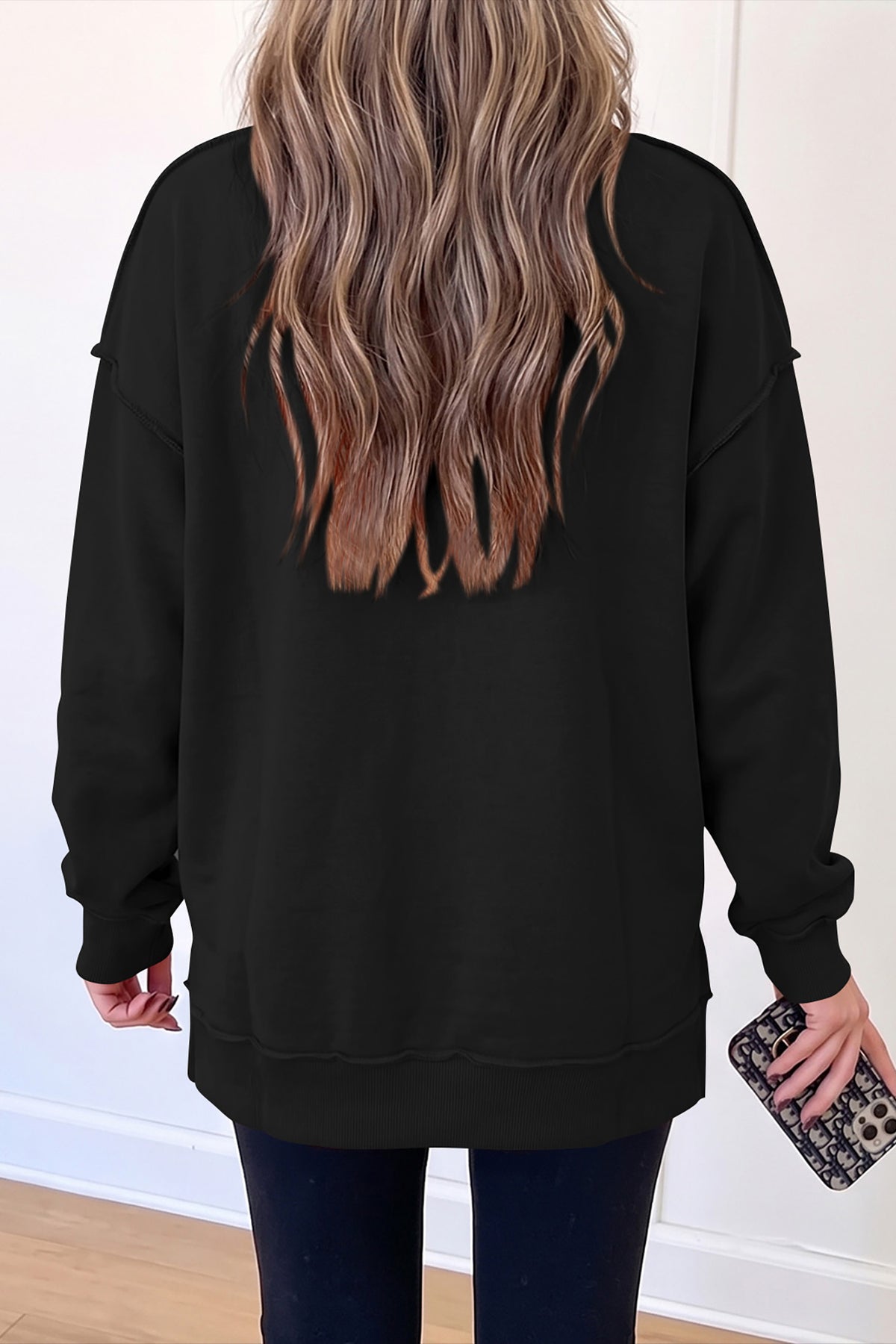 Black Rhinestone Ghost Exposed Seam Mock Neck Halloween Pullover Sweatshirt