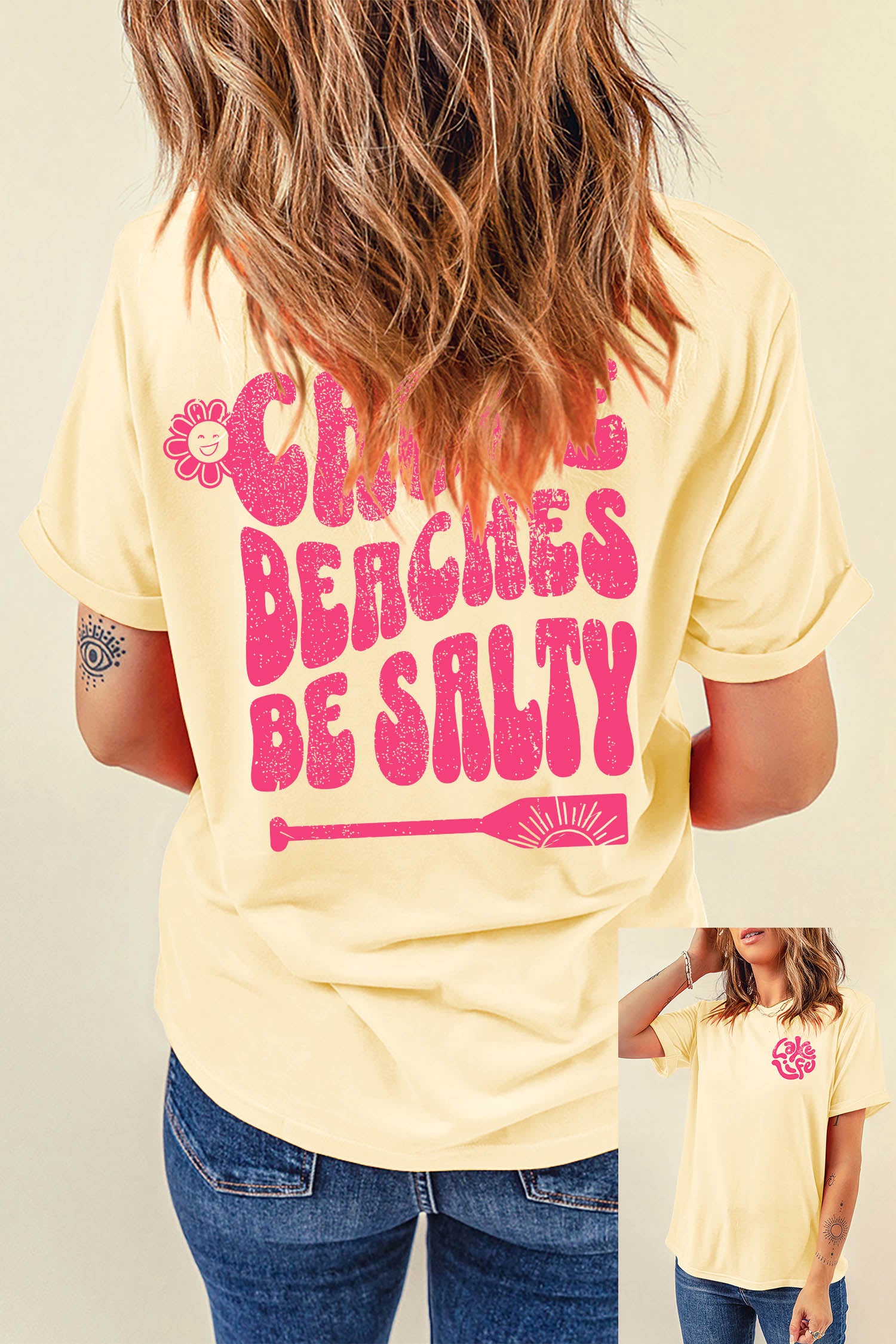 Yellow Cream Casual Round Neck Short Sleeve Slogan Print Loose Fit T-shirt