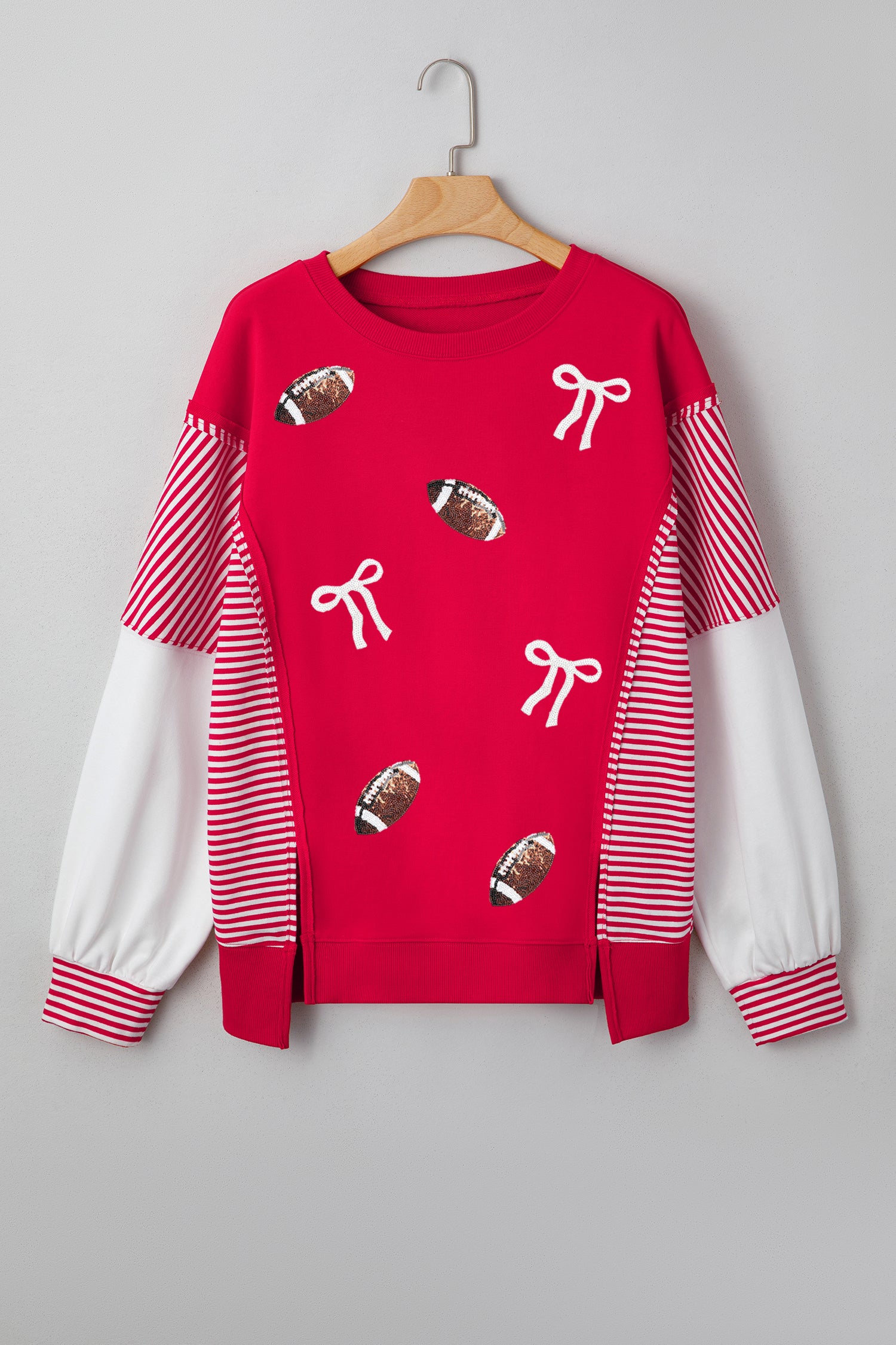 Fiery Red Sequin Rugby Bow Print Striped Color Block Sleeve Patchwork Graphic Sweatshirt