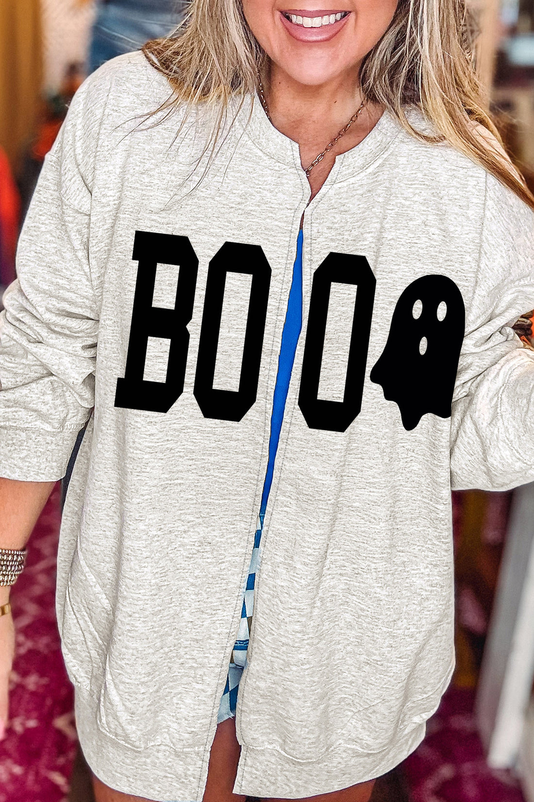 Light Grey Halloween Boo Ghost Print Open Front Sweatshirt