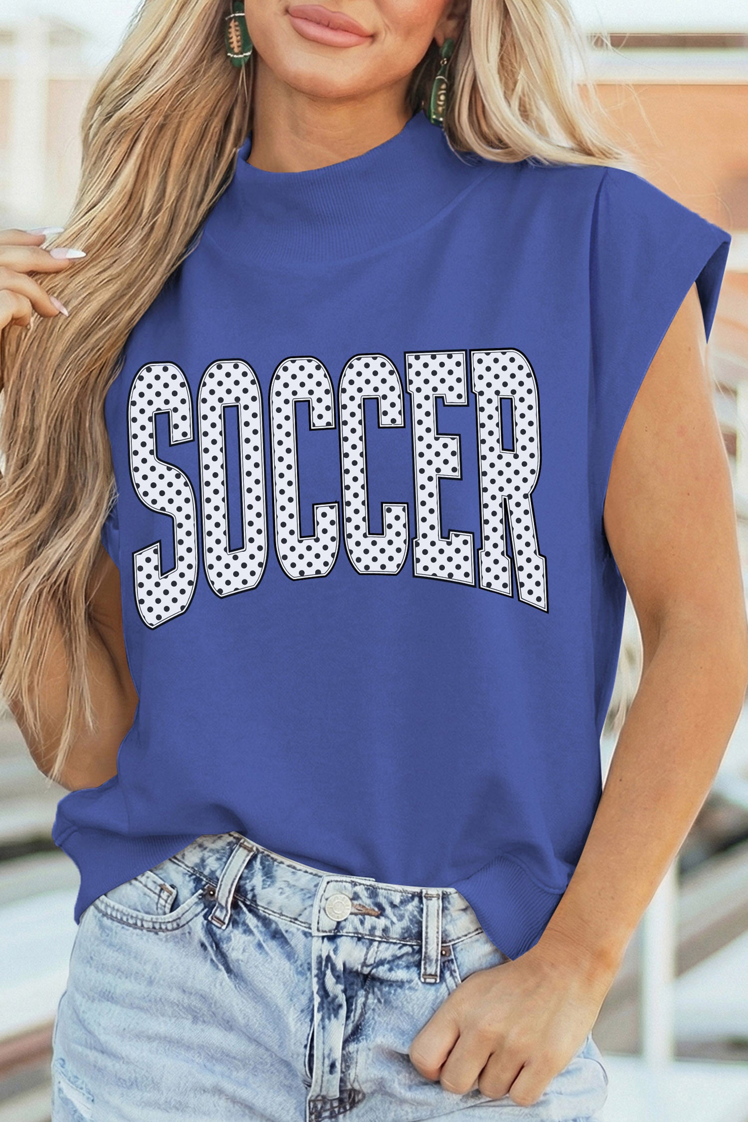 Sky Blue Polka Dot SOCCER Lettering Mock Neck Short Sleeve Top