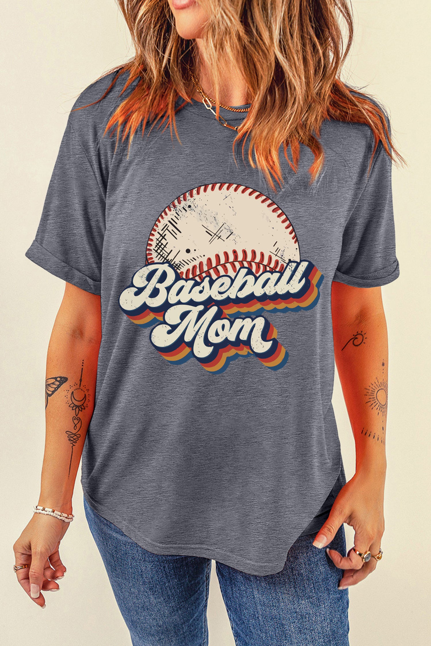 Gray Retro Baseball Mom Printed T Shirt