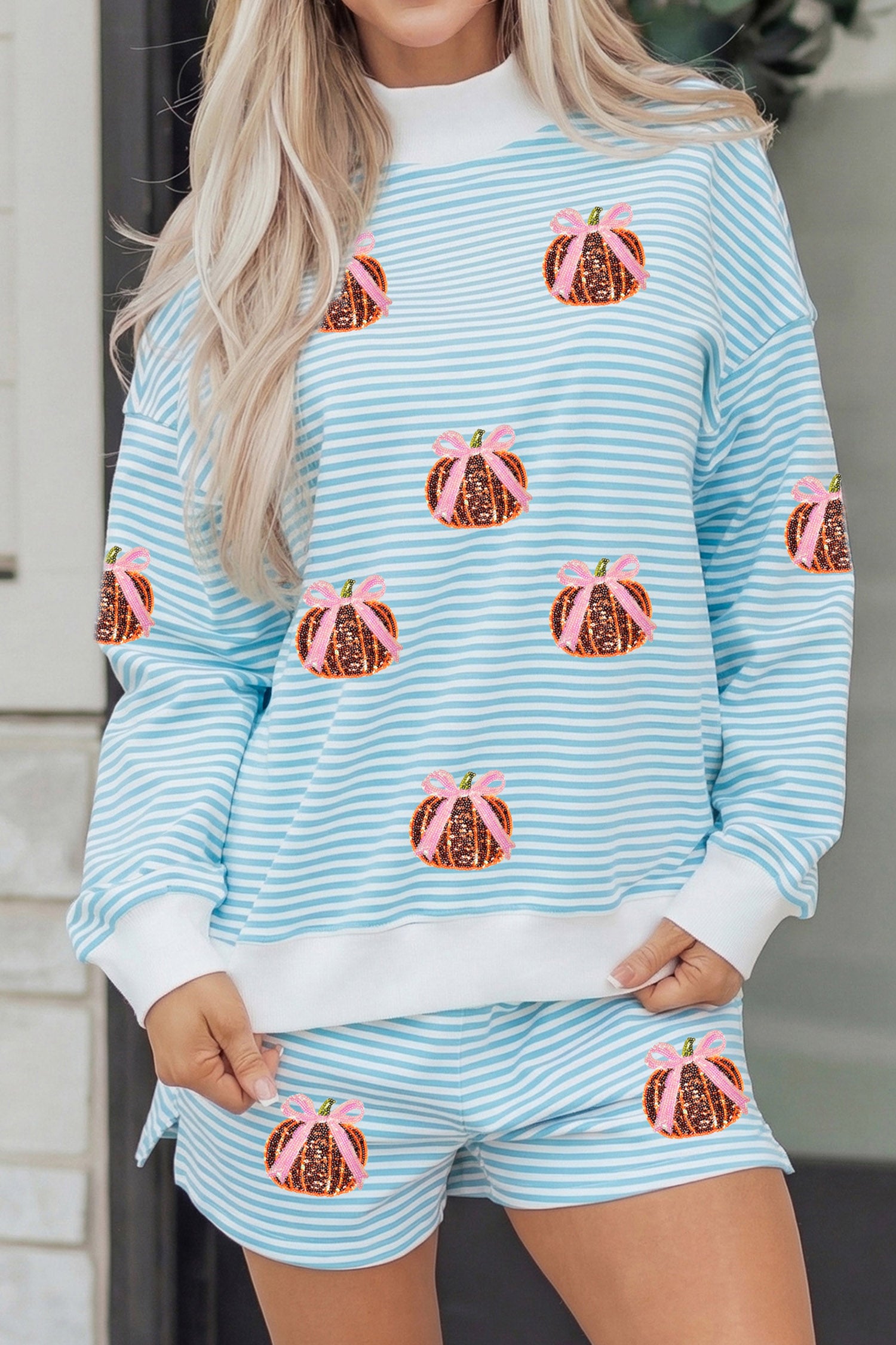 Sky Blue Stripe Sequined Pumpkin Baggy Pullover Casual Shorts Two-Piece Set