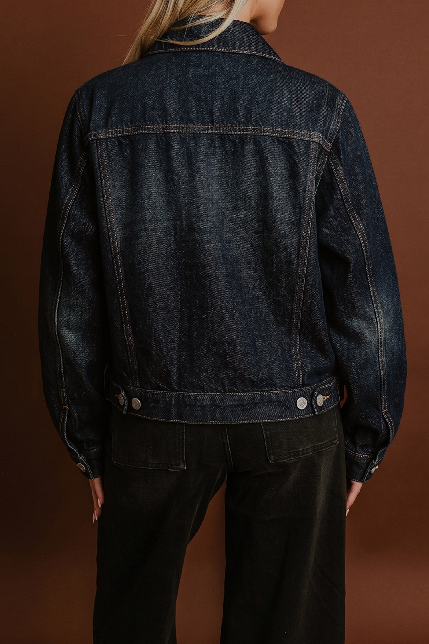 Navy Blue Contrast Stitched Detail Pocketed Vintage Denim Jacket