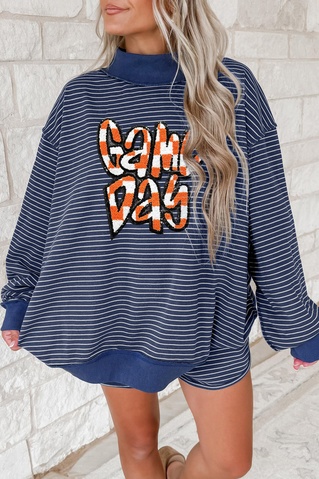 Blue Stripe GAME DAY Letter Print Long Sleeve Two Piece Graphic Shorts Set