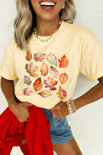Yellow Cream Autumn Leaves Heat Transferring Print Thanksgiving T-Shirt