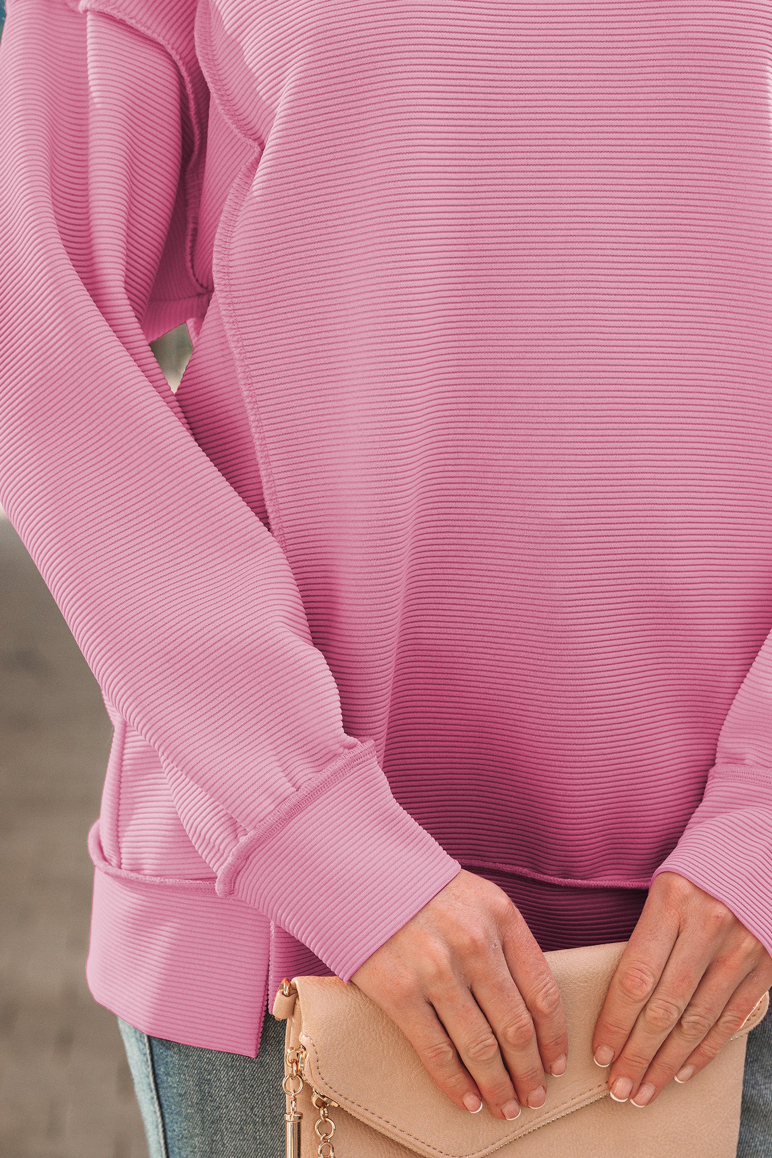 Pink Horizontal Ribbed Exposed Seam Detail Drop Shoulder Baggy Pullover