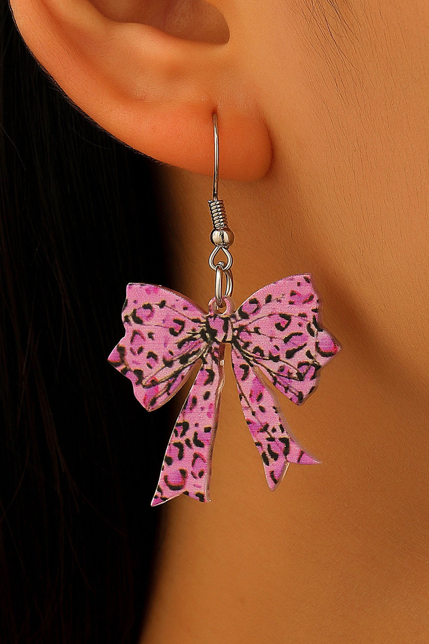 Bright Pink Stylish Leopard Printed Bow Stainless Hook Earrings