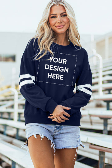 Navy Blue Varsity Striped Detail Drop Shoulder Oversized Sweatshirt