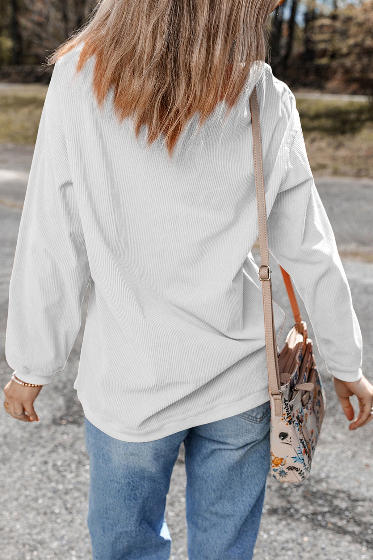 White Fall Letter Pattern Graphic Customized Corded Sweatshirt