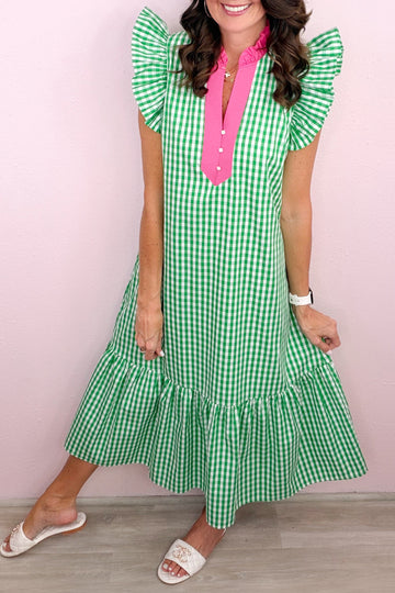 Bright Green Summer Color-Blocked Plaid Pattern Midi Dress