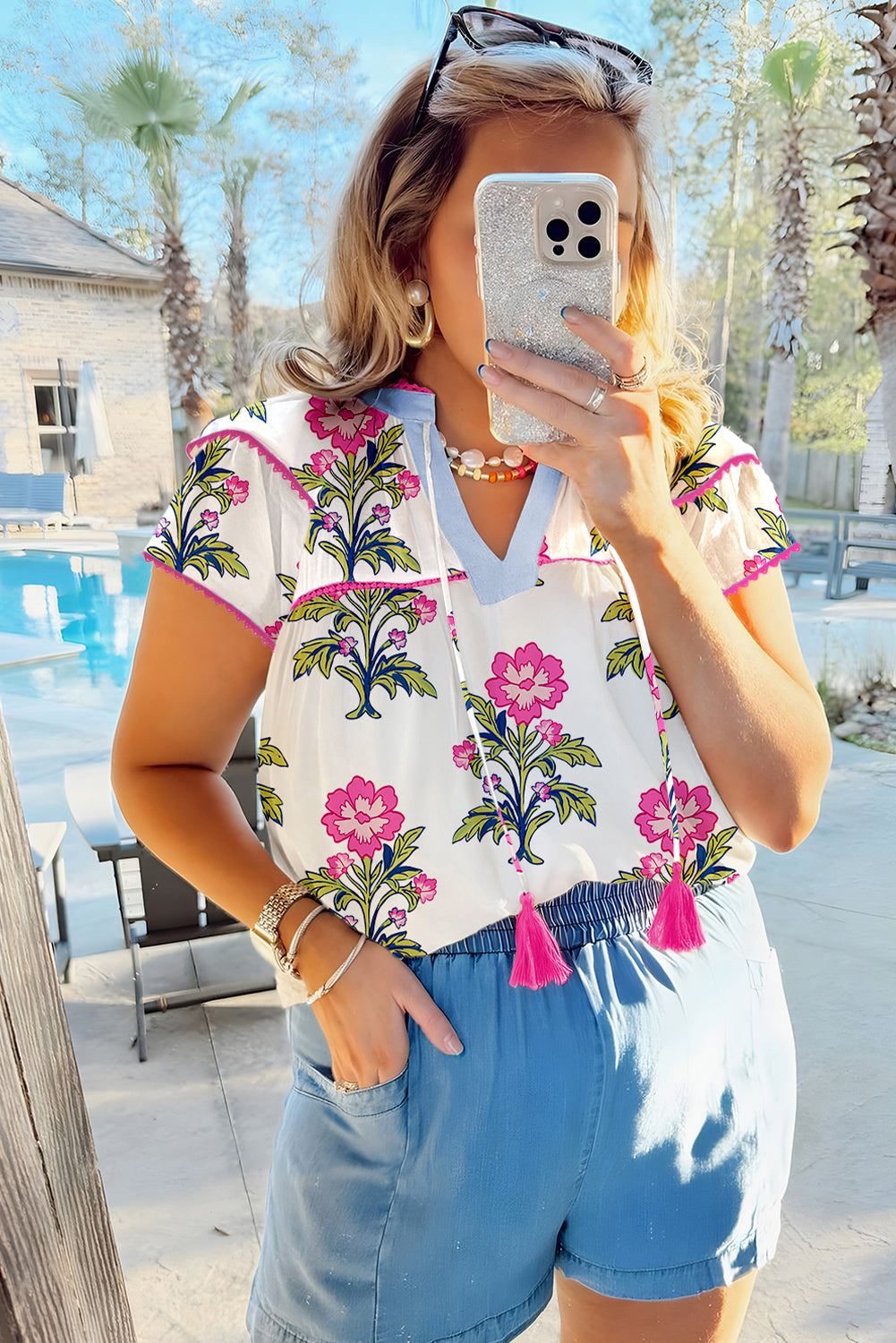 Rose Vintage Floral Print Contrast Notched V Neck Plus Size Summer Blouse