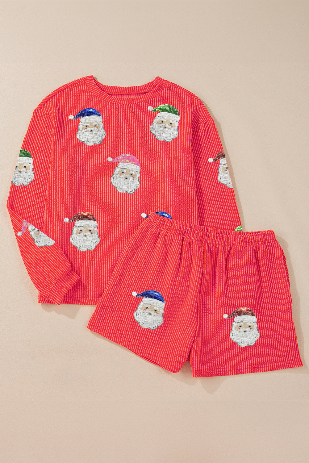 Gold Flame Father Christmas Sequin Patched Long Sleeve Top and Shorts Twisted Ribbed 2pcs Outfit