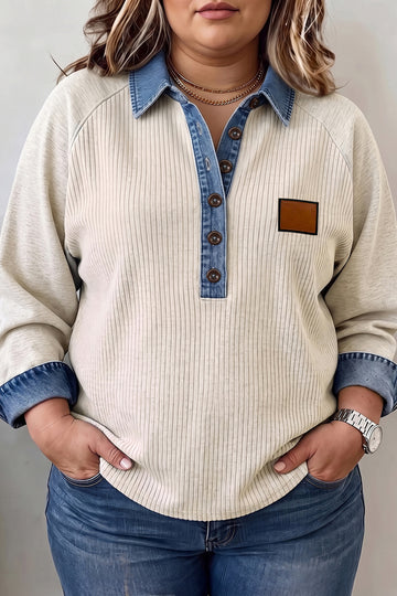 Light Grey V-Neck Long Sleeve Tunic Top with Denim Collar Cuffs Ribbed Texture Plus Size Blouse