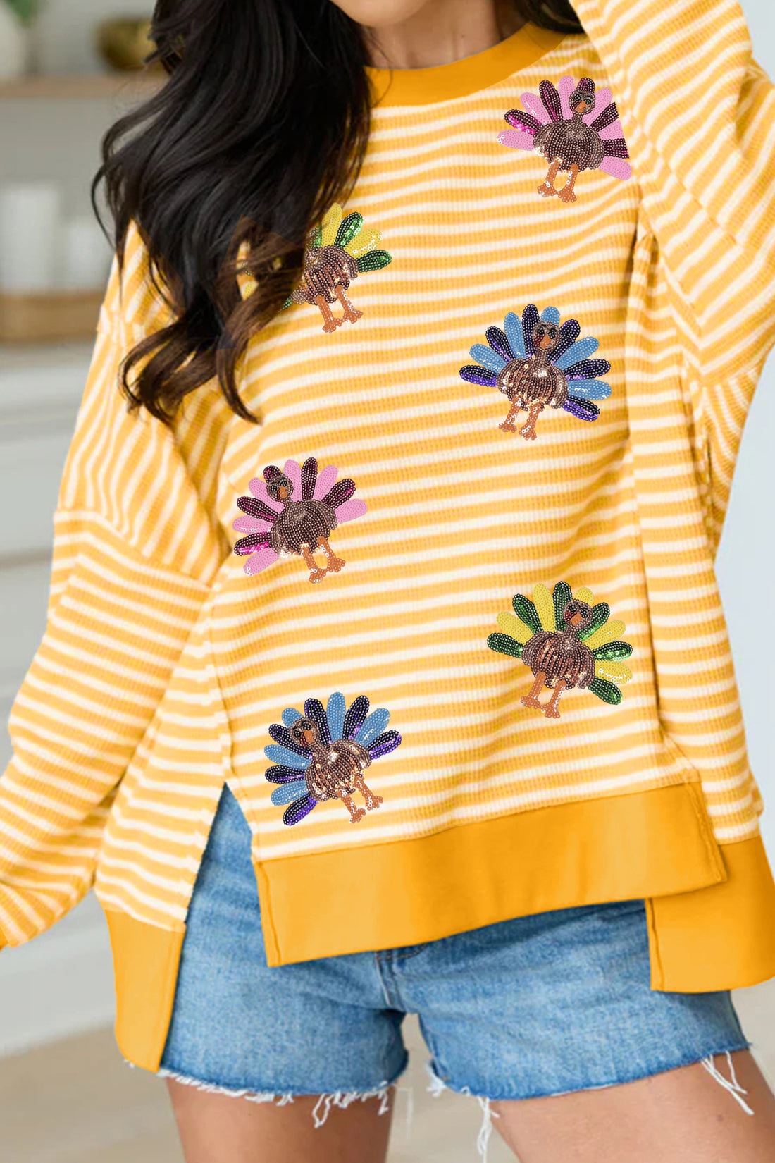 Khaki Stripe Sequin Turkey Graphic Split Hem Casual Long Sleeve Top