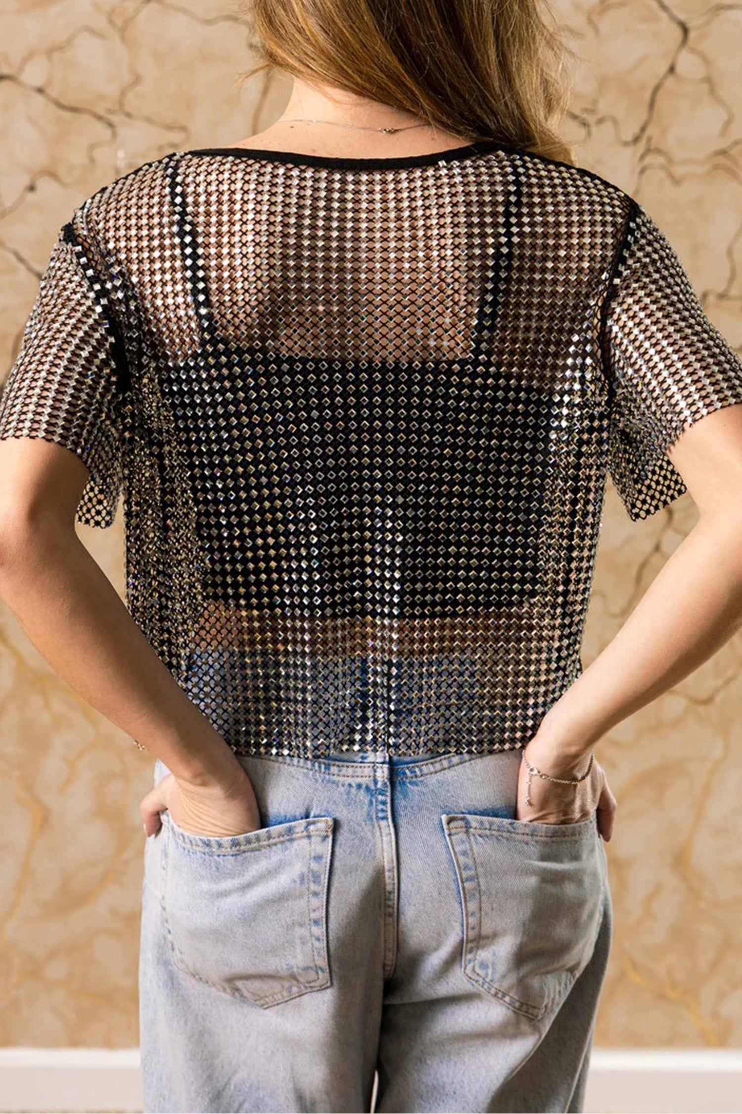 Color black Rhinestone Mesh Round Neck Raw Hem T Shirt