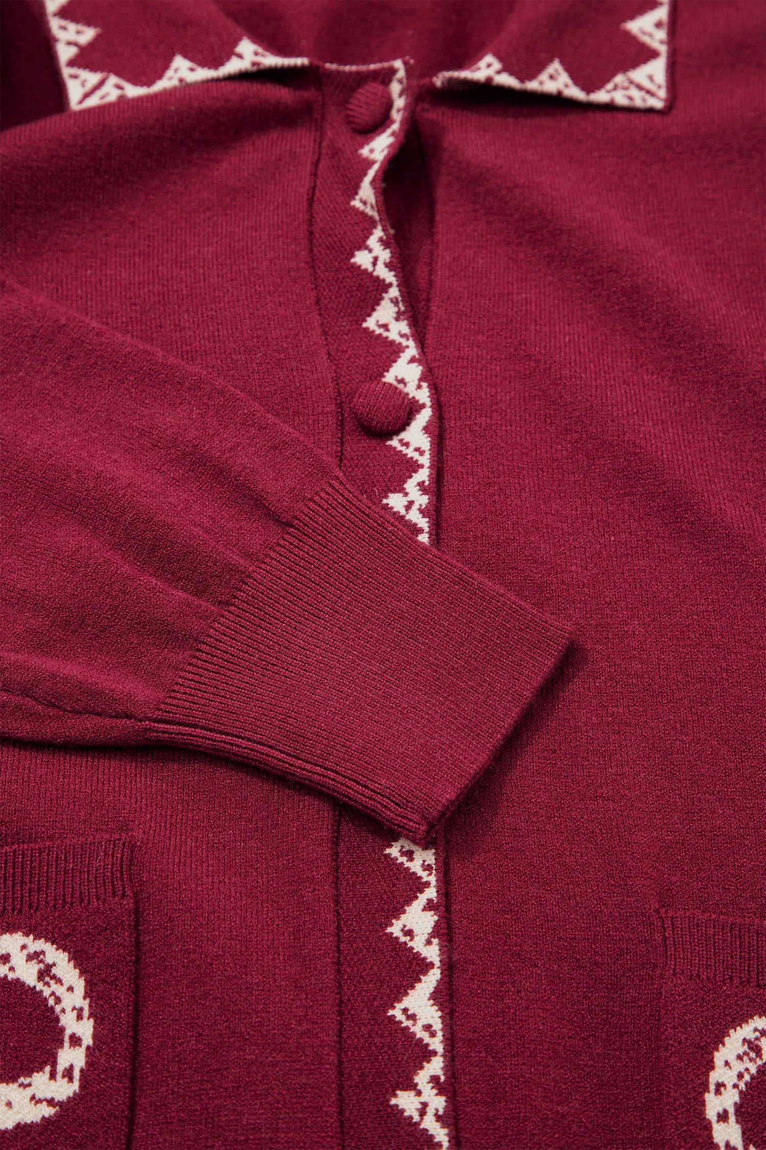 Burgundy Bow Pocket Collar Long Sleeve Knit Cardigan